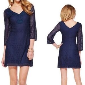 Lilly Pulitzer Alden Tunic Dress True Navy Blue Geocircle Knit Lace Dress XS 3/4